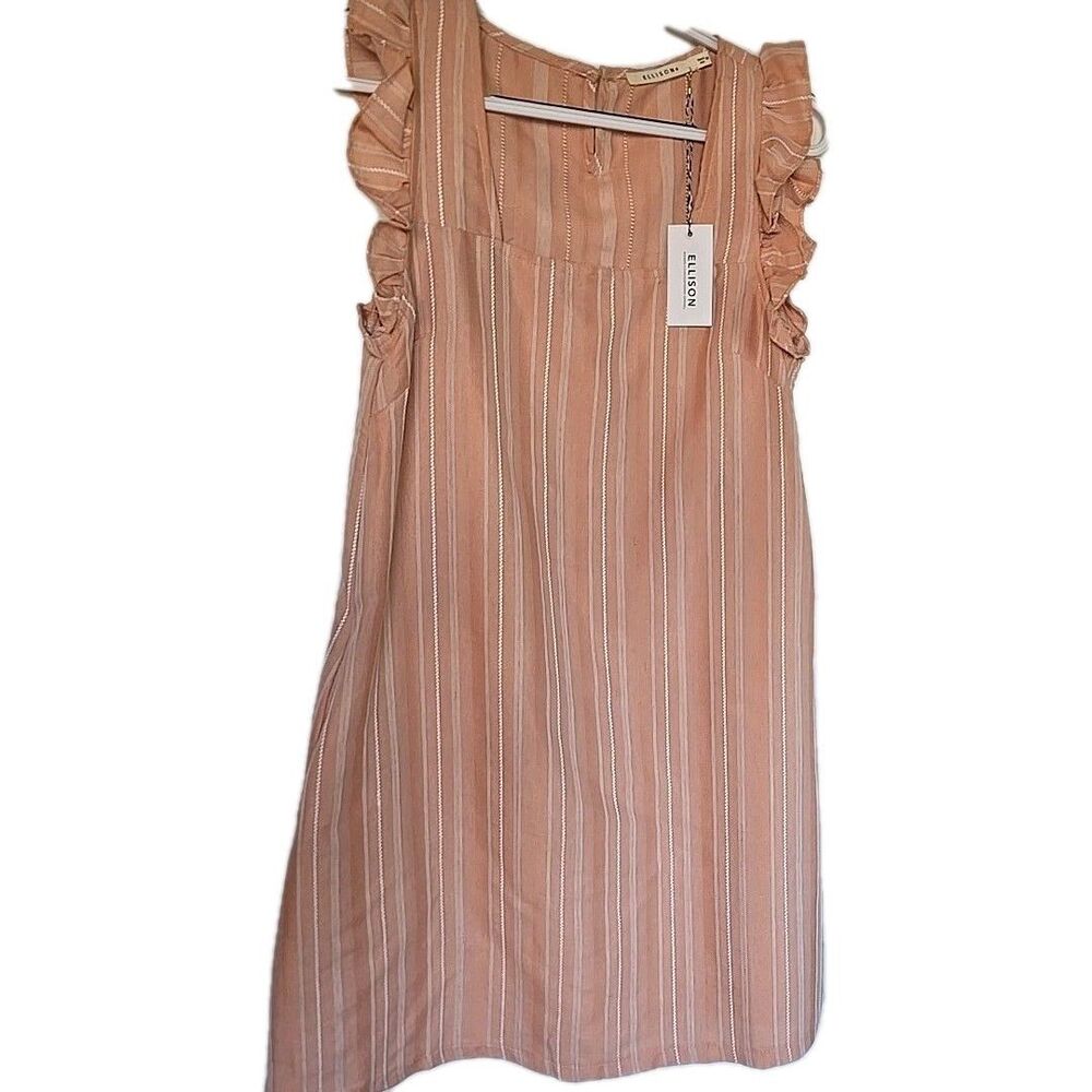 NWT Ellison Dress Princess Shift Peach Stripe Linen Cotton Ruffle Sleeve Med